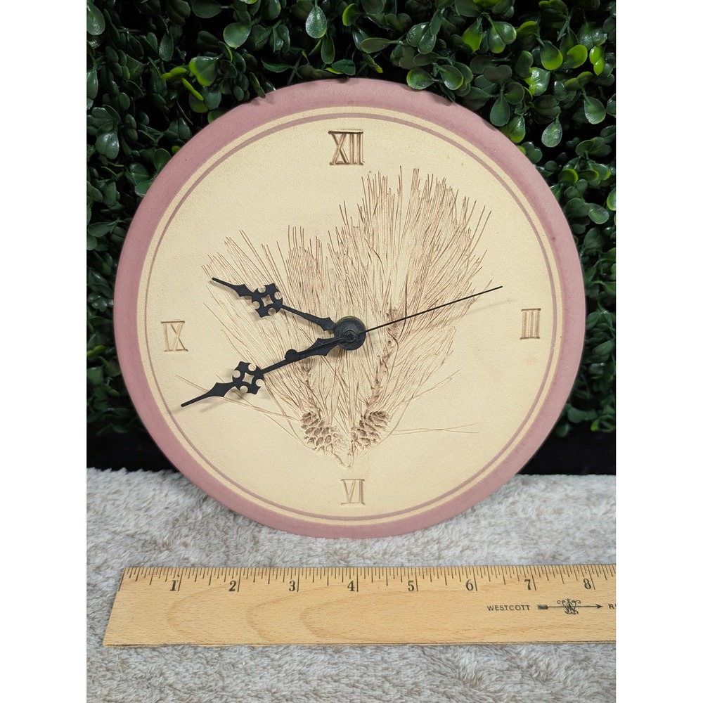 Vintage 80s Studio Pottery Wall Clock Cream Mauve Wheat Pinecone Cottagecore